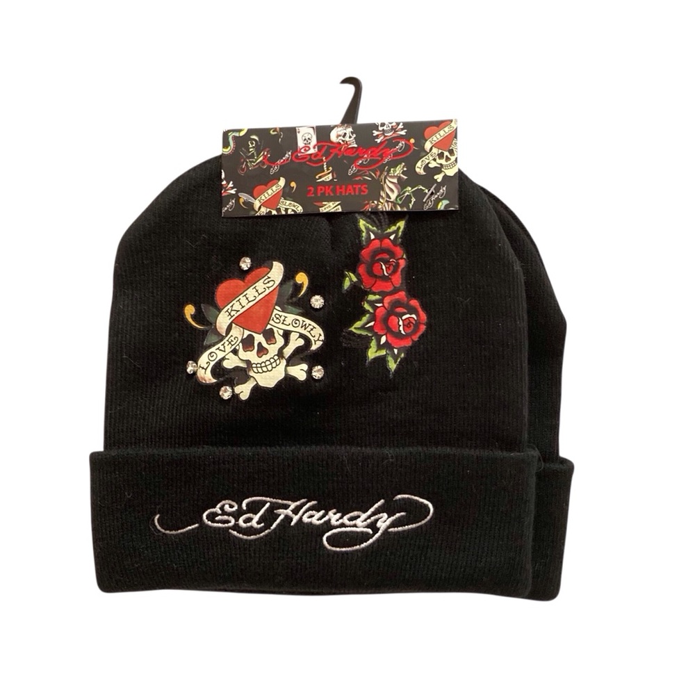 Ed Hardy Black Knit Beanies (2) with Skull and Roses